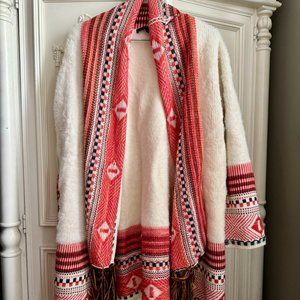 Maxsport white & red Aztec patterned cardigan w/ fringe, women's size large